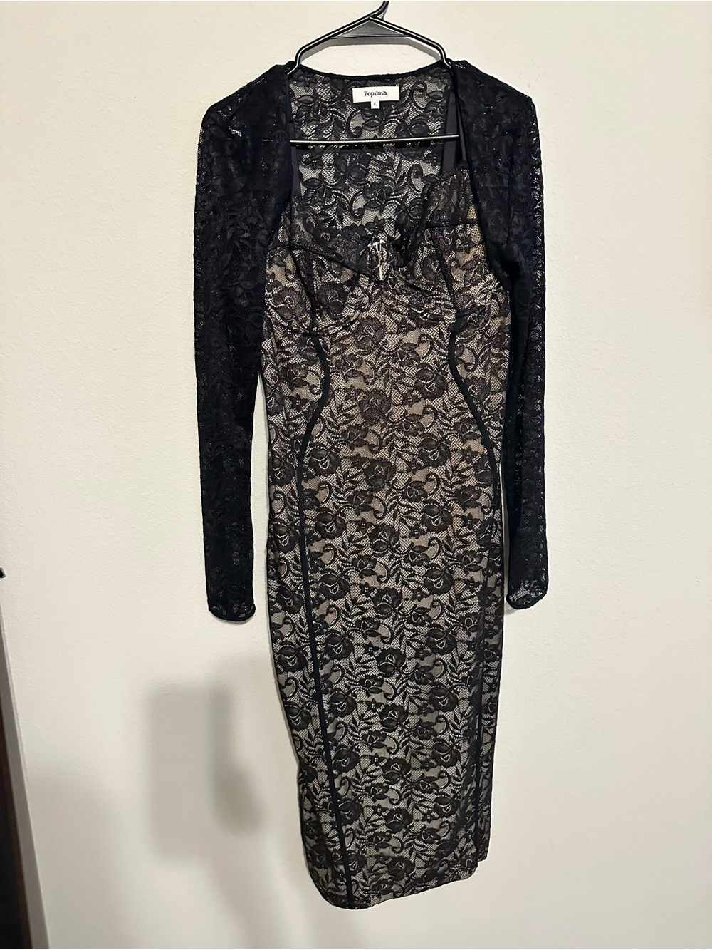 Popilush All-Lace Hourglass Side Slit Midi Dress with long sleeve lace shrug